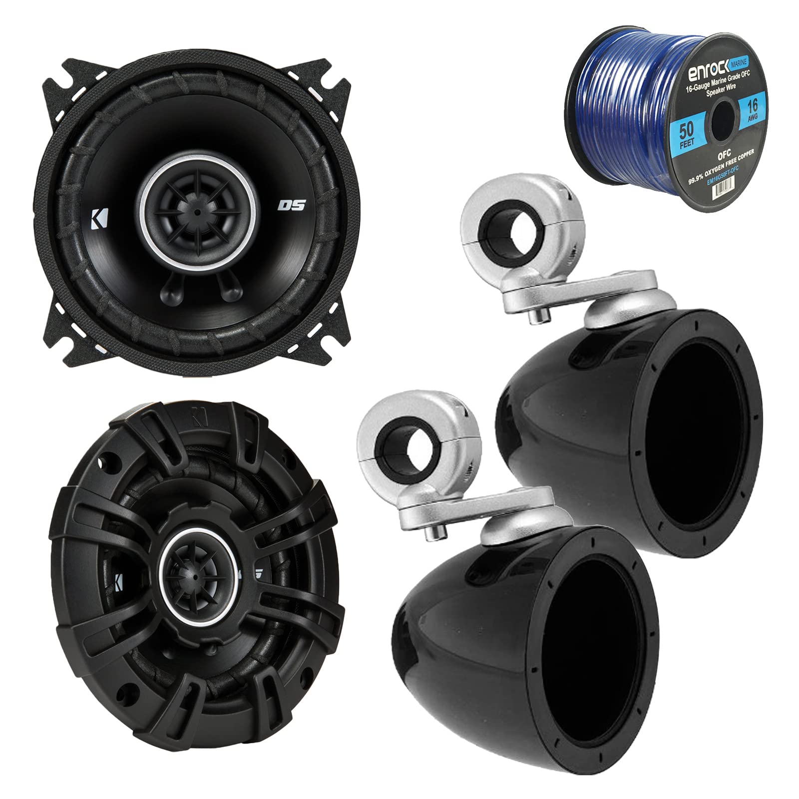 Enrock Marine2X Kicker 4" Mini Tower Enclosure, 2X Kicker 4" Inch 2-Way Black Car Audio Stereo Coaxial Speakers, Audio Grade Spool of 50 Foot 16-Gauge Speaker Wire