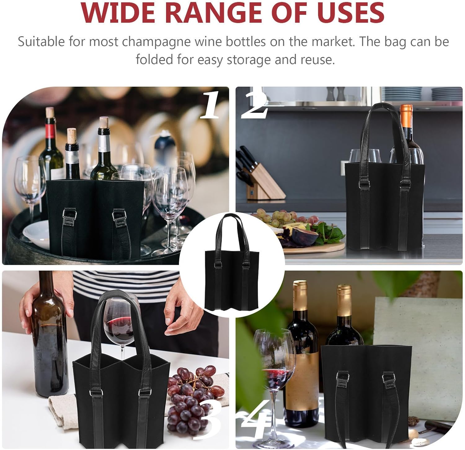 Divided Wine Bottles Bag 2 Pack Felt Cloth Leather Carry Handle
