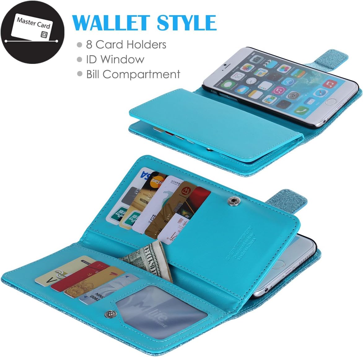 iPhone 6S Plus Case, iPhone 6 Plus Case, BENTOBEN Glitter Bling Luxury Shiny PU Leather Flip Credit Card Slots Cash Holder Wrist Strap Wallet Case for iPhone 6 Plus / 6S Plus (5.5 inch), Light Blue