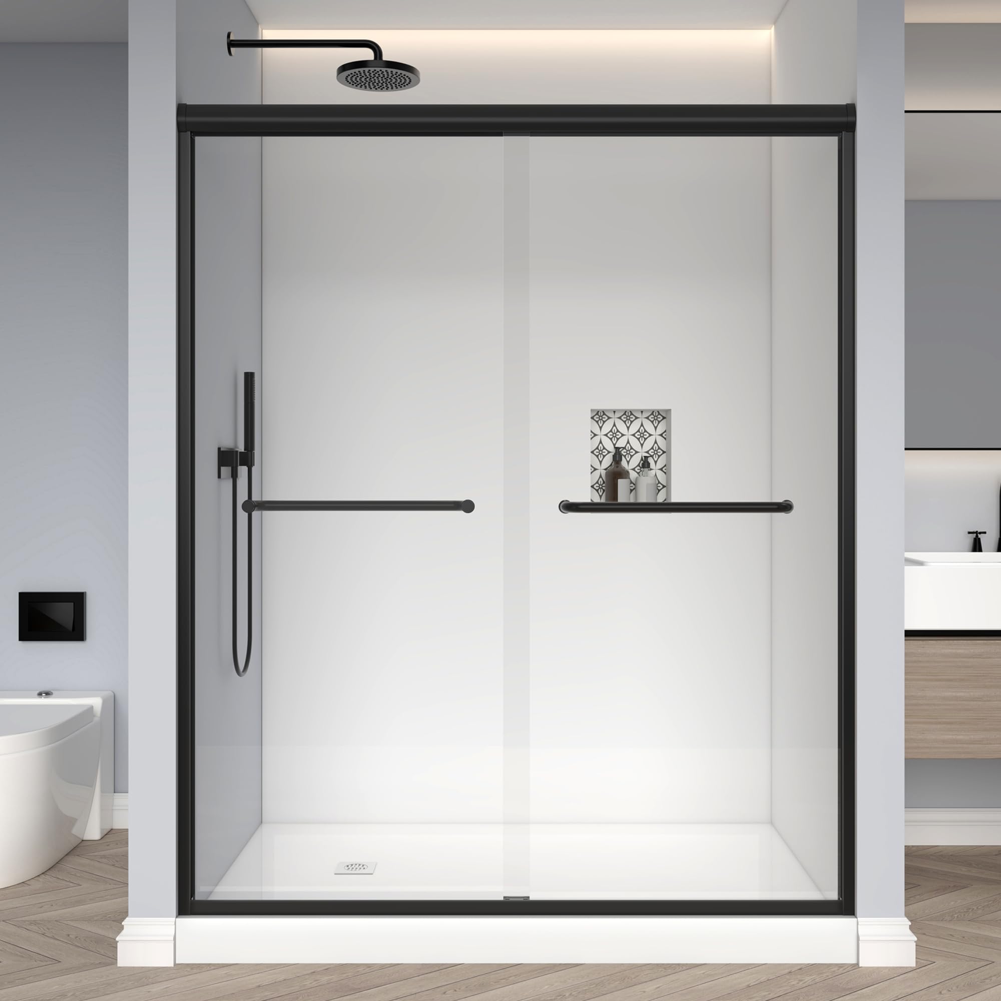 Black Double Sliding Shower Door 55-55-60" W x 70" H, Matte Black, Bypass Shower Door, Clear Glass, Framed, 1/4" (6mm) Tempered Glass