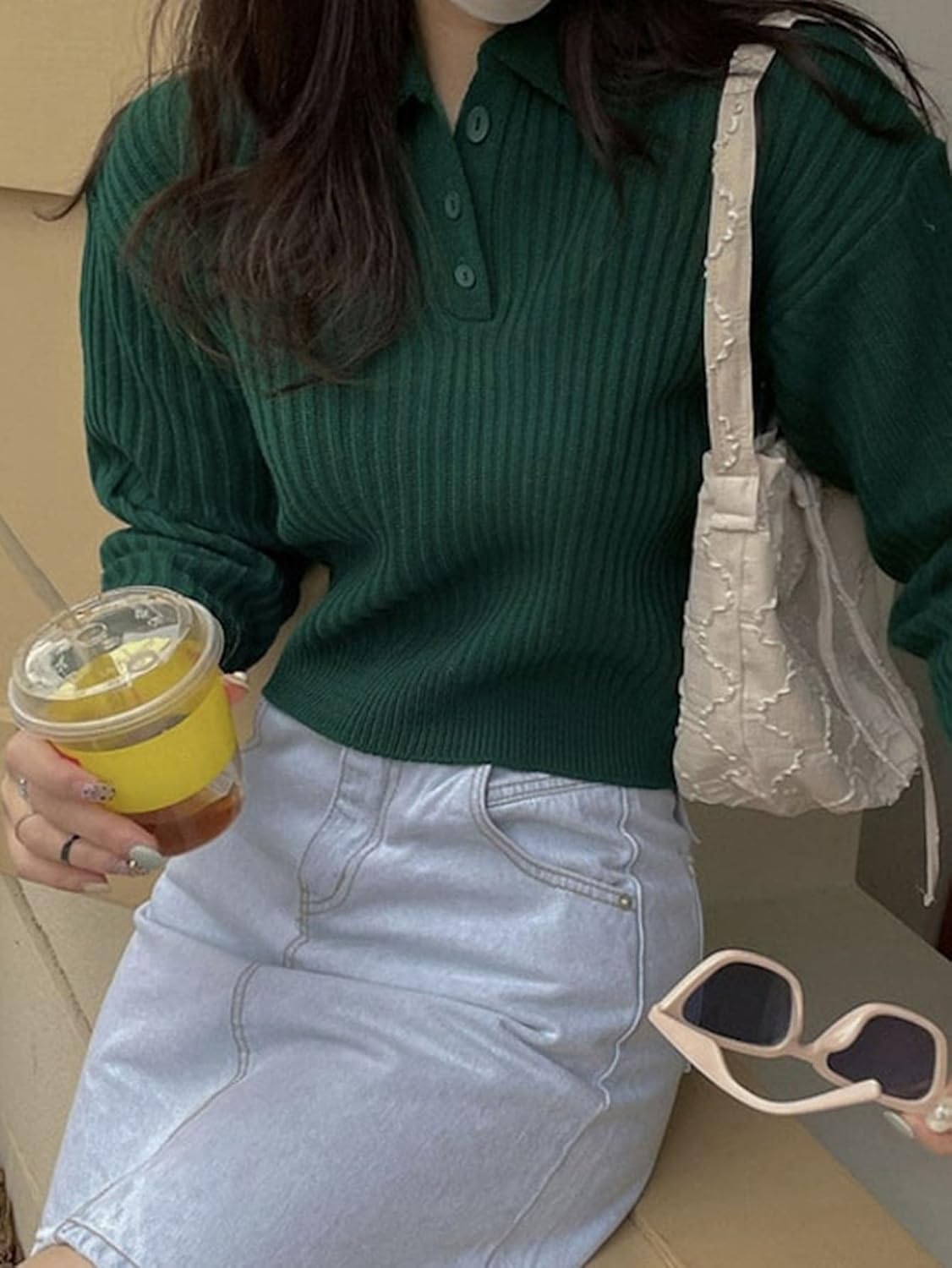 Women's Sweater Polo Neck Drop Shoulder Sweater Sweater for Women (Color : Dark Green, Size : Medium)
