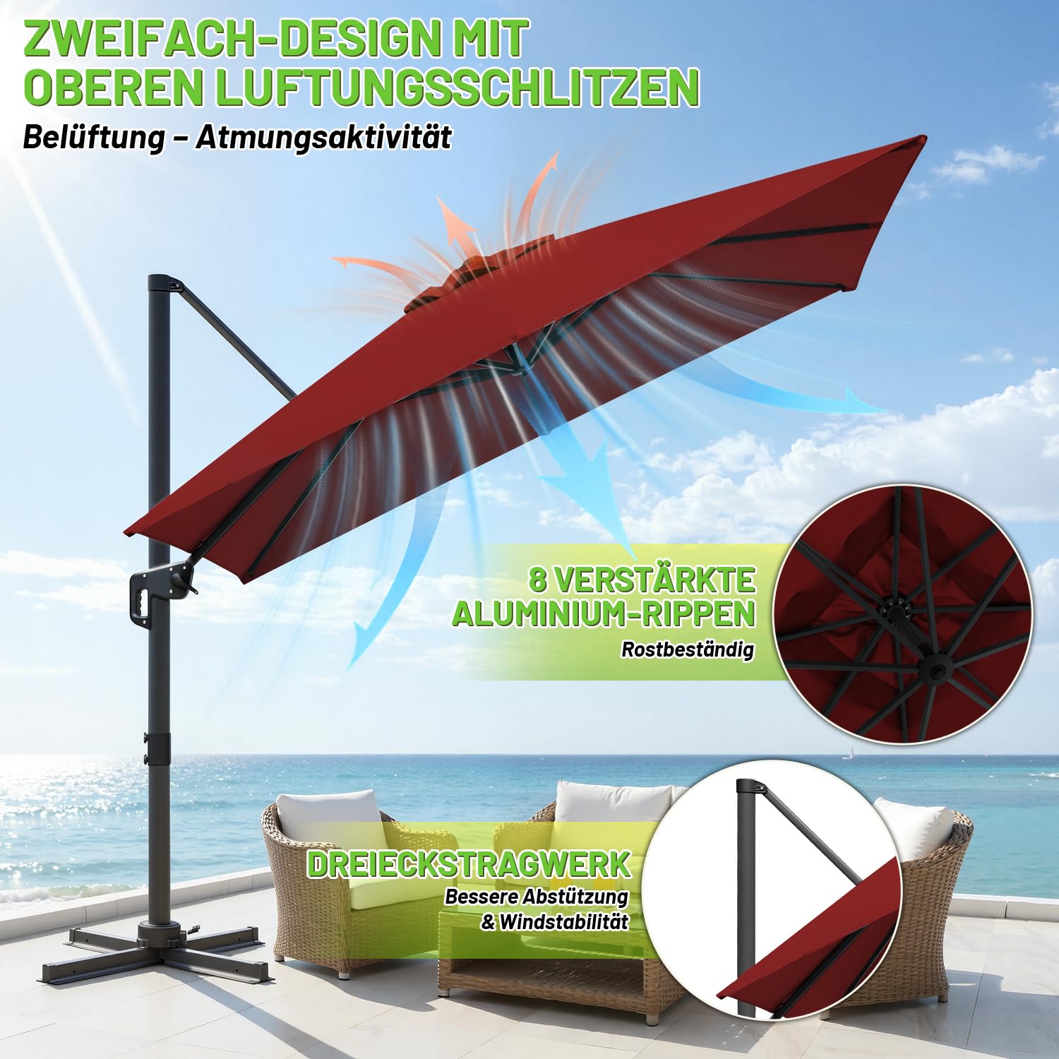 300 x 300 cm, duży parasol przeciwsłoneczny LED, parasol ogrodowy z korbą, obracany o 360° i przechylany, UV50+, parasol tarasowy z aluminiową ramą, do ogrodu, na taras