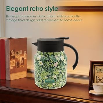 Vintage Flower Pattern Tea Kettle, 1000 ml Doresty Tea Pot, Tea-Built-In Infuser, Stainless Steel Raidley Carafe with Lid, Insulated Tea Kettle for Hot Drinks