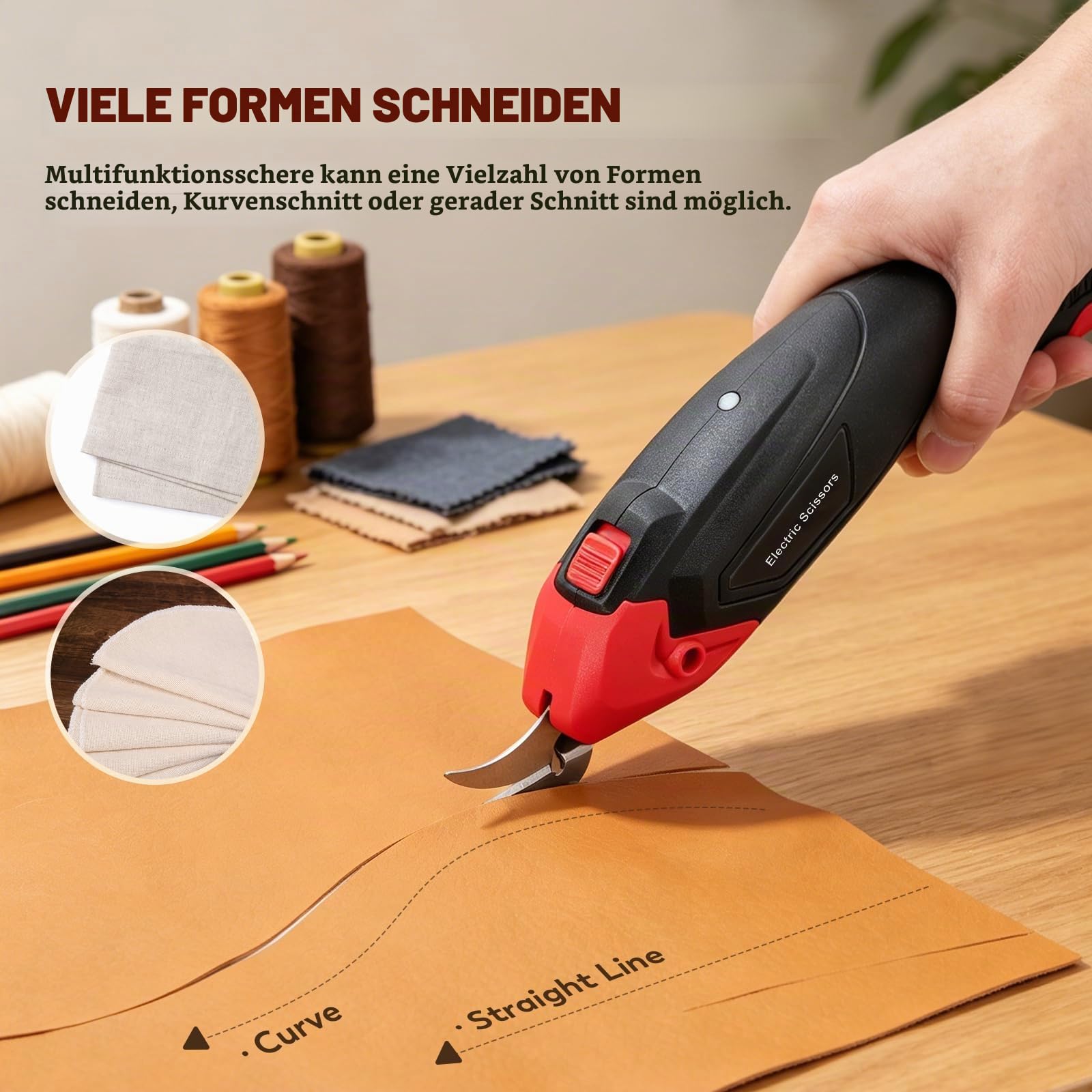CGOLDENWALL Akku Stoffschneider 4V, Papier Leder Teppich | Wiederaufladbar, 2 Ersatzklingen, Max 6mm, Kuehlung, 330g Leicht, Rot