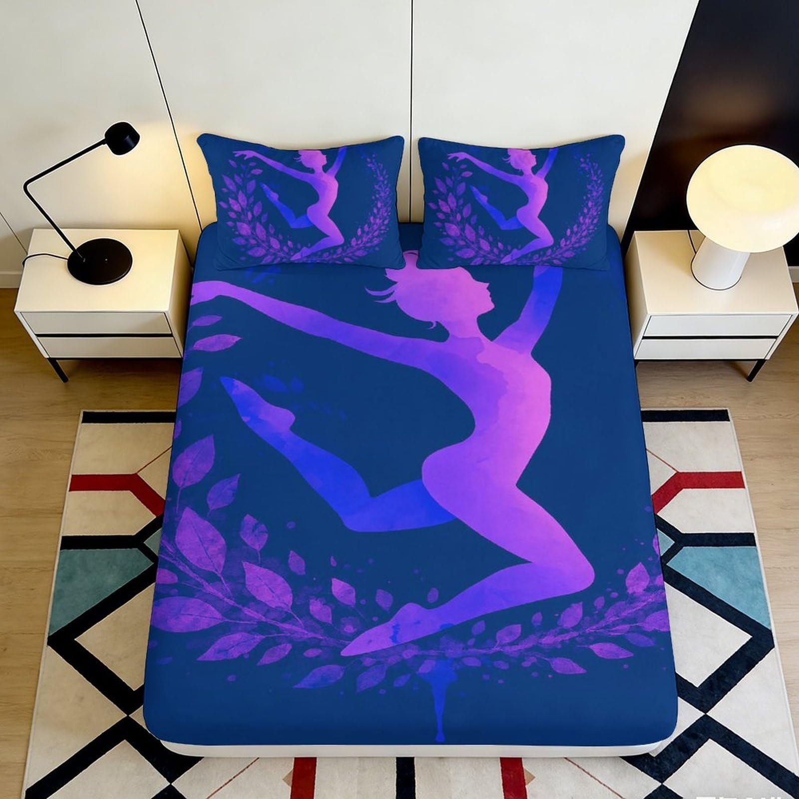 3D Printed Ballet Dancer Fitted Sheet Microfiber Purple Blue Artistic Leaf Mattress Cover Bedroom Decor 90x200x25cm