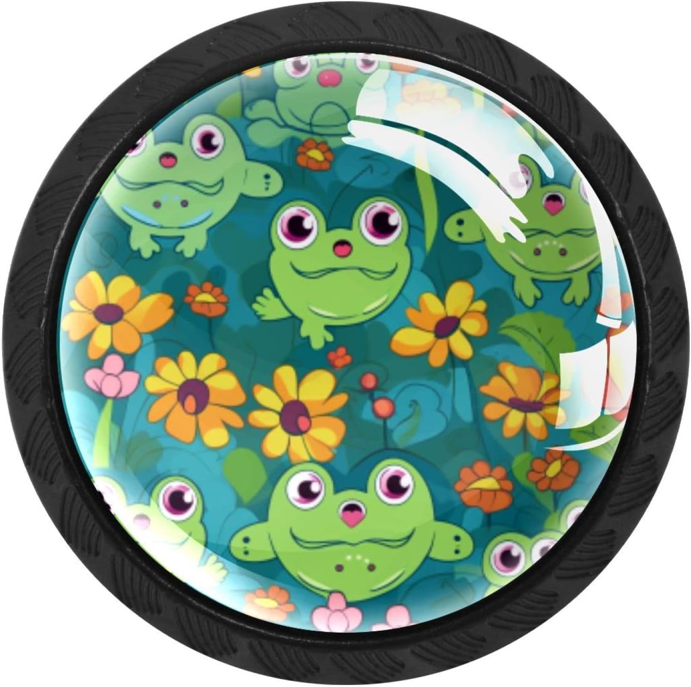 Black Drawer Knobs 4 Packs Kitchen Cabinet Knobs Fun Cartoon Frogs with Flowers Round Drawer Dresser Pulls Handles for Cupboard Wardrobe Closet Door, Cabinet Hardware image 2
