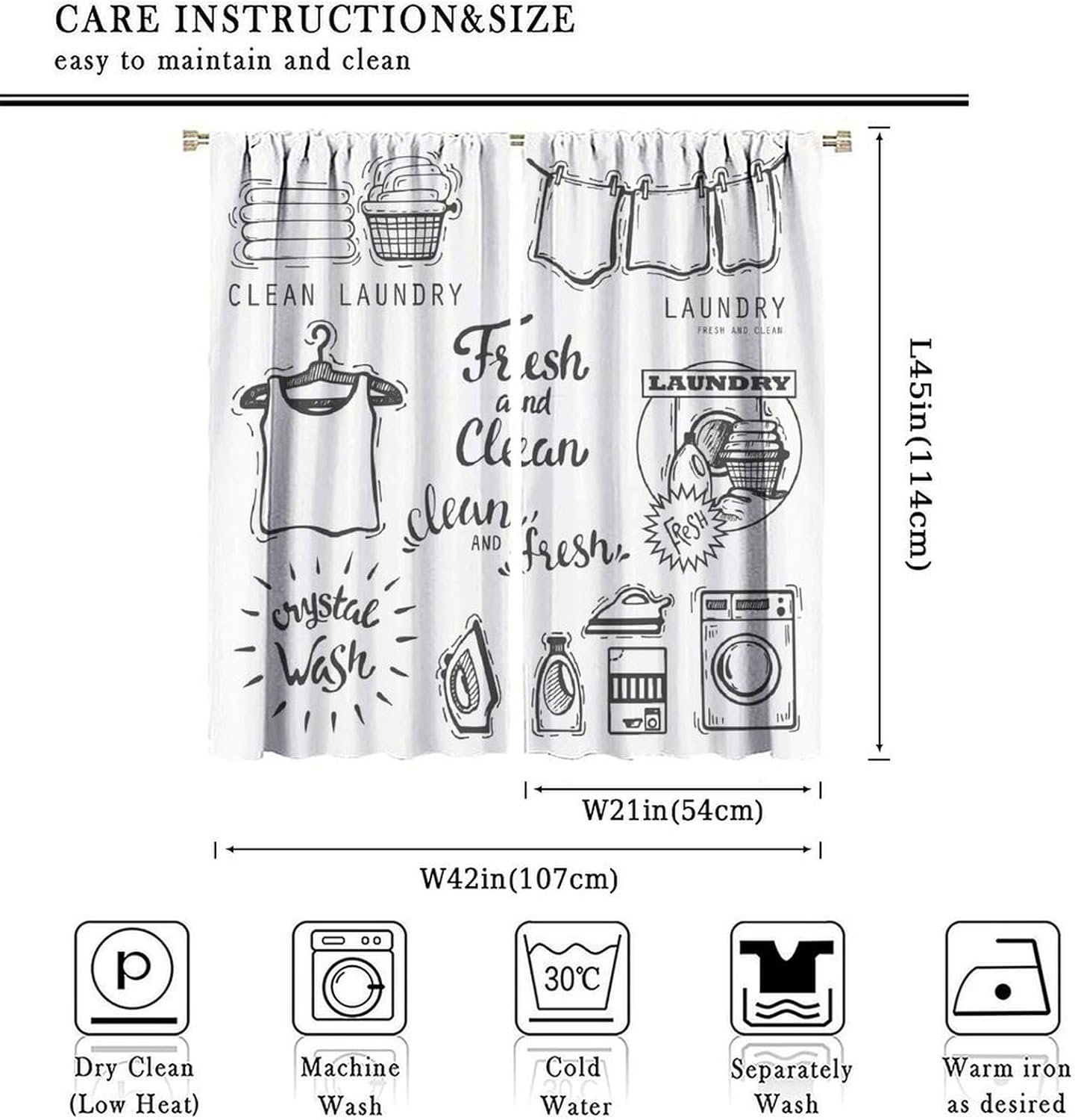 Laundry Room Window Curtains - Minimalist Printed Design for Utility Spaces & Laundry Areas, 2 Panels W42xL45 Inch Decor