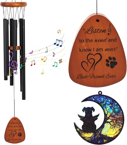 Memorial Gifts for Loss of Dogs, Pet Memorial Wind Chime and Dog Angel Memorial Suncatcher Set, Remembrance Bereavement Gift, Pet Loss Passing Away Sympathy Gift for Pet Lover(Black)