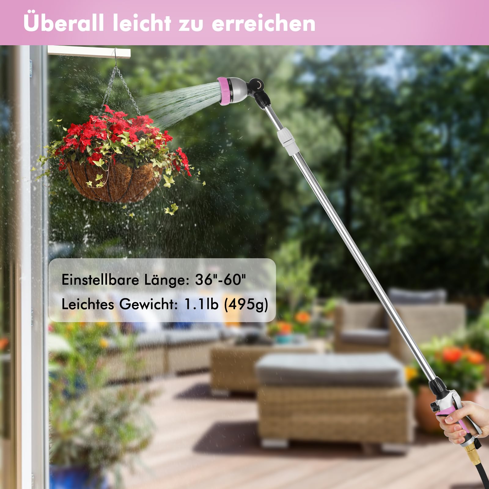 RESTMO Varita de riego de metal de 91-152 cm, tubo telescópico largo | Cabezal de trinquete ajustable de 180° | 7 patrones de pulverización | Control de flujo, pulverizador de manguera de jardín a