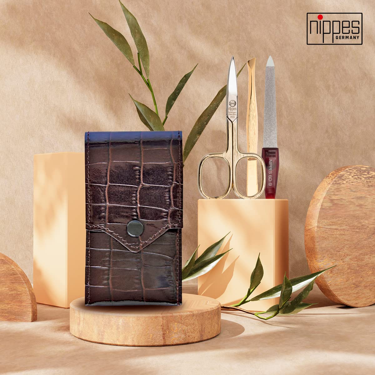 nippes Solingen Kit de manucure Croco 3 pièces, nickelé et plaqué or, kit de soin des ongles, étui en cuir de vachette au design croco, manucure pédicure, fabriqué en Allemagne