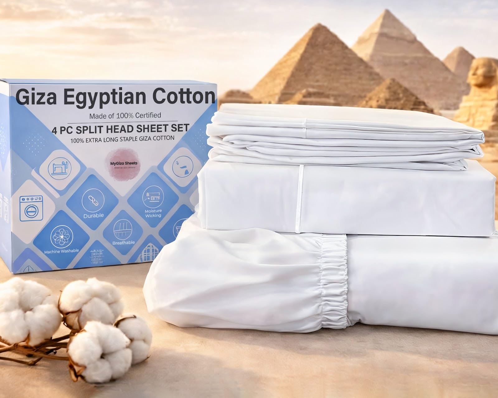MyGiza Sheets Zestawy prześcieradeł z elastyczną głowicą King do regulowanych łóżek, 100% certyfikowana bawełna Giza Split King 81 cm prześcieradła puchowe pasują do materaca o głębokości 40 cm, białe