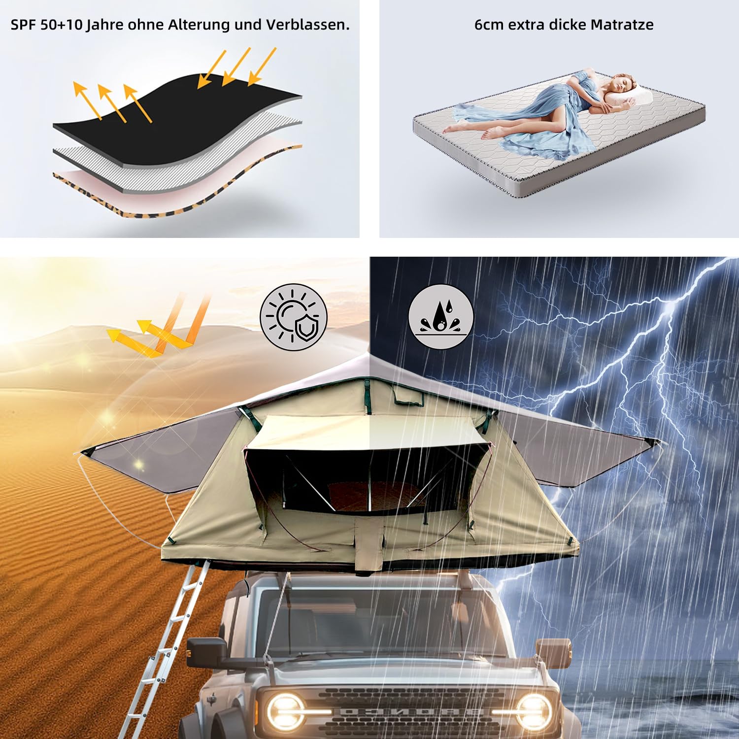 Dachzelt Auto, Dachzelt Auto für 2-3 Personen, Autodachzelt inkl 240 x 140 Matratze, Dachzelte fürs Auto mit Oberlicht, Wasserfest 3500mm, mit 2.1M Aluminium Leiter, Dachzelt für PKW, Bus, LKW, etc.