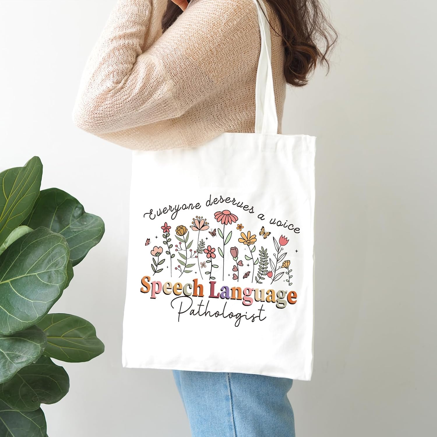Speech Language Pathologist Bag - Therapist Slp Gifts Flower Canvas Tote 2Pcs Reusable Shopping Handbags with Makeup Bags Set Pathologist Therapy Gift for Women Birthday Party - Image 2