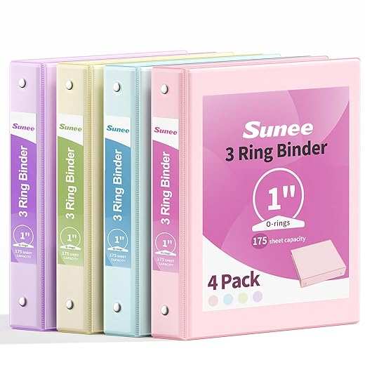 SUNEE 3 Ring Binder 1 Inch 4 Pack, Clear View 1" Binders Three Ring PVC-Free (Fit 8.5x11 Inches) for School or Office Supplies, Assorted Pastel