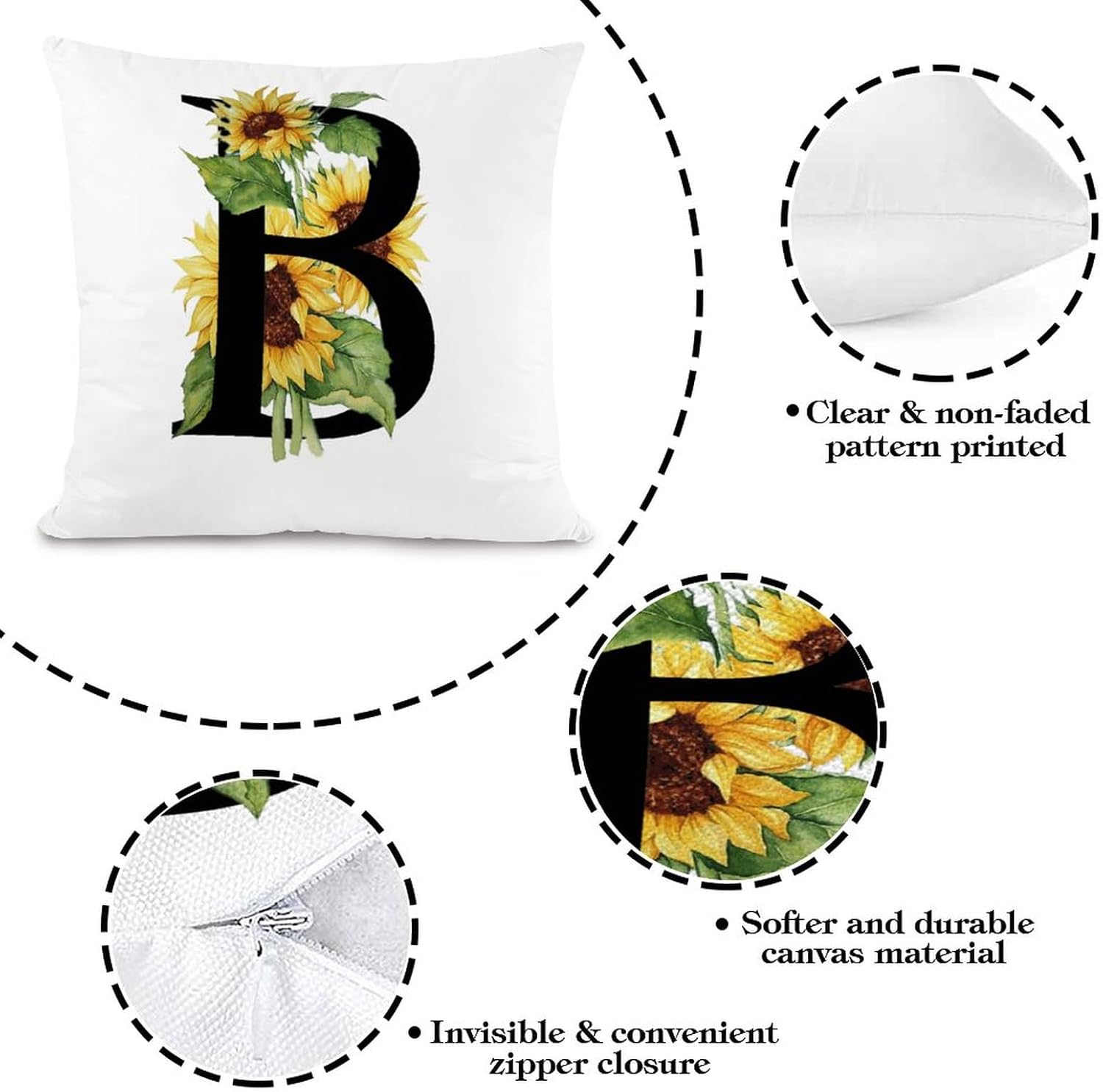 Set of 2 Sunflower Letter B Initial Monogram Pillow Cases 24x24in Cushion Covers Farmhouse Pillows Covers for Couch Living Room Office Soft Square Accent Pillowcase for Kids