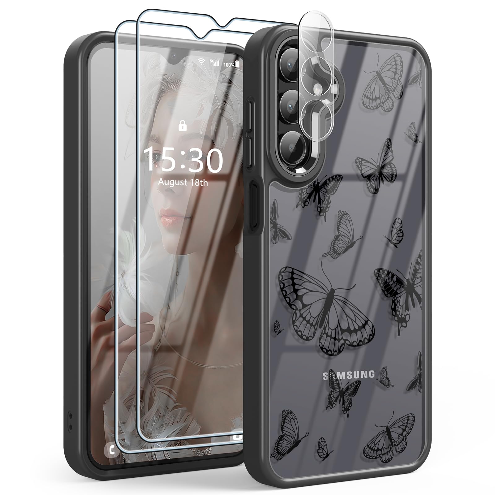 CASBST for Samsung Galaxy A15 5G Case with 2X Screen Protector and A Camera Lens Protector, Butterfly Pattern Shockproof Soft TPU & Hard PC Women