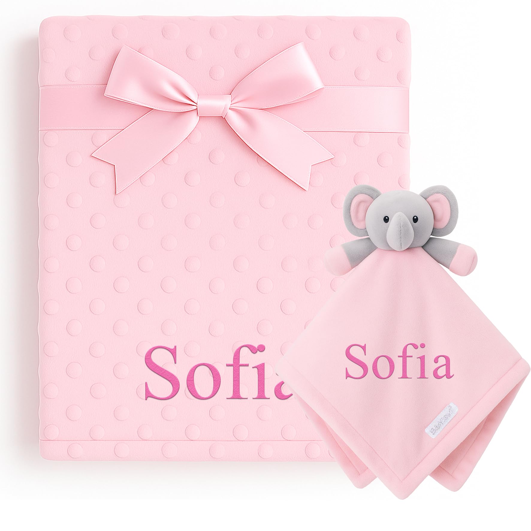 Personalised Elephant Comforter & Bobble Blanket Gift Set – With Any Name – Newborn Baby Gift Bundle in Pink, Blue or White Comforter & Blanket Set (Pink Bobble and Pink Elephant Comforter)