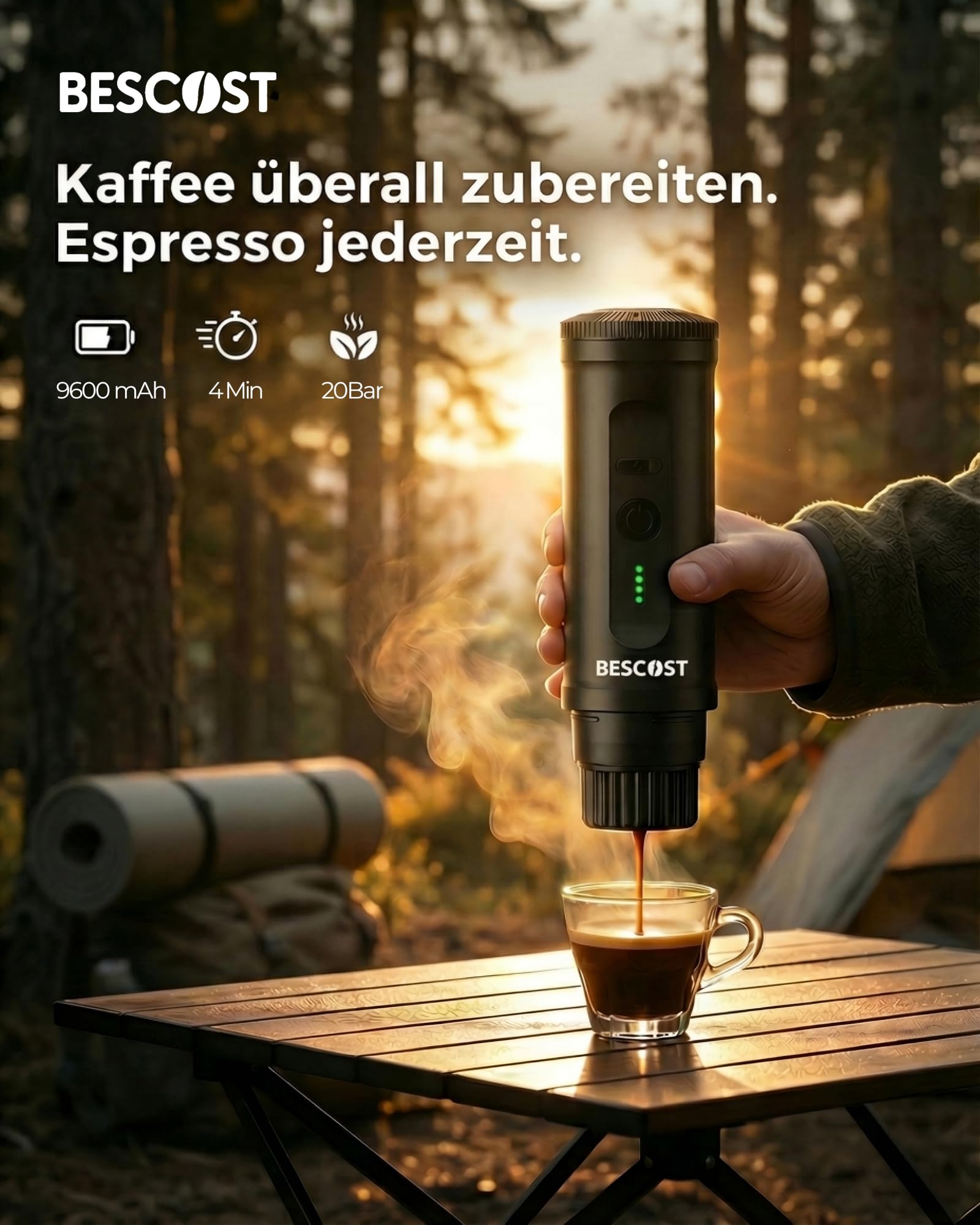 Tragbare Espressomaschine mit Akku 20 Bar, Camping Kaffeemaschine für unterwegs USB-C, 2 in 1 Reisekaffeemaschine für NS Kapseln & Kaffeepulver, Auto, Wohnmobil, Wandern, Reise