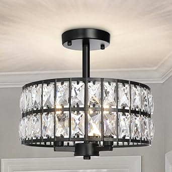 3-Light Round Crystal Ceiling Light Fixture Black Semi Flush Mount Chandelier, 12.6" Farmhouse Kitchen Ceiling Light Fixtures with Cylinder Drum Shade for Hallway Dining Room Bedroom