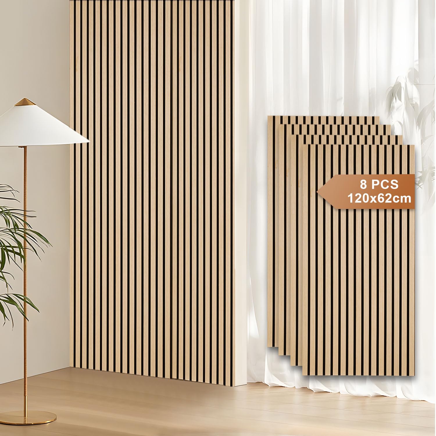 Fiqops 8X Panneaux acoustiques en bois 120x60cm Panneaux muraux en bois plaqué et en feutre, panneaux en chêne, revêtement mural en bois pour studio et maison Décoration murale intérieure - Couverture