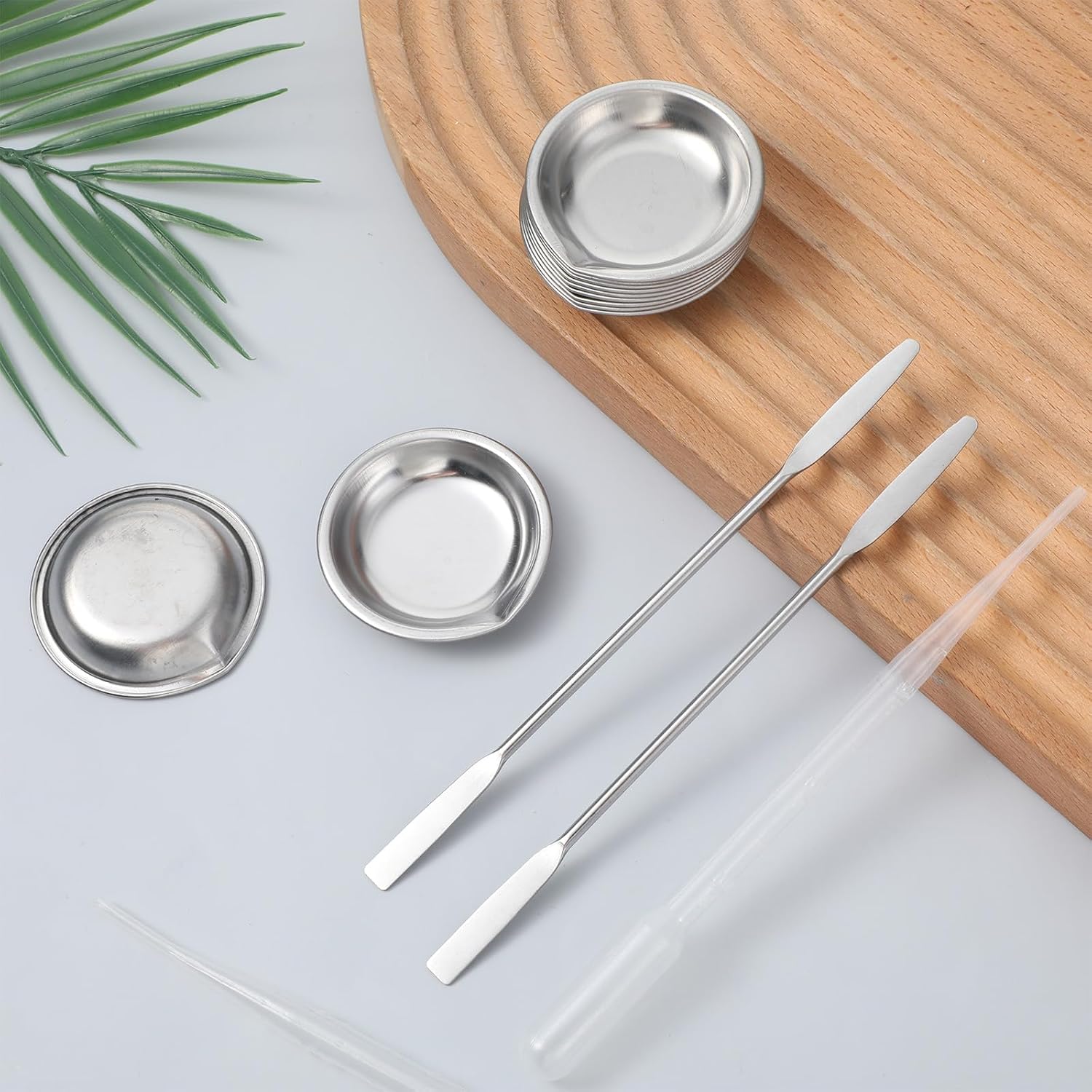 12pcs Paint Tray, 2pcs Metal Paint Stirrer and 6pcs 3ml Pipette Eyedroppers, Stainless Steel with Mouth Small Round Watercolor Palette for Airbrush Painting, Modeling Mixing of Various Pigments