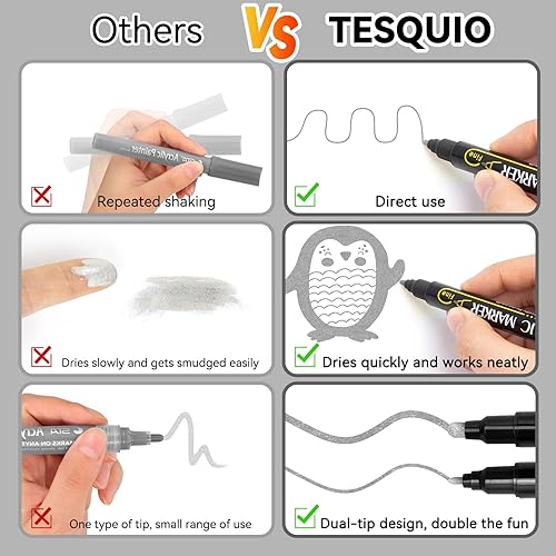 Miniatura 4 de Tesquio 8 rotuladores de pintura acrílica de doble punta, color plateado, dorado, blanco y negro, bolígrafos de pintura acrílica prémium para