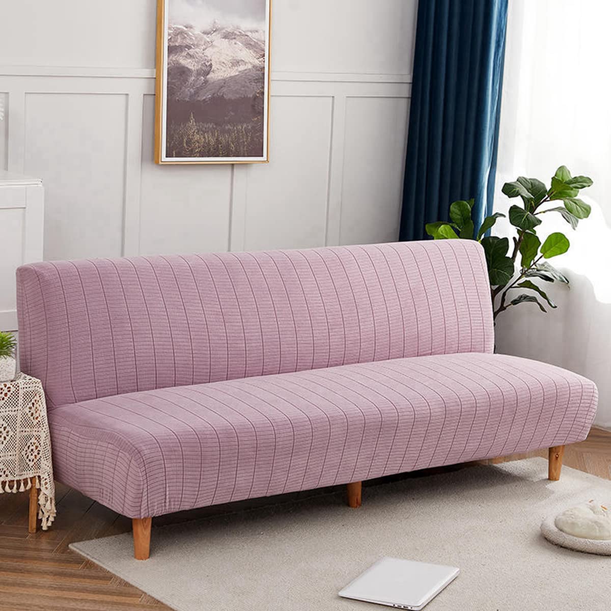 Housse futon clic clac jacquard violet extensible L 190-210cm sans accoudoirs