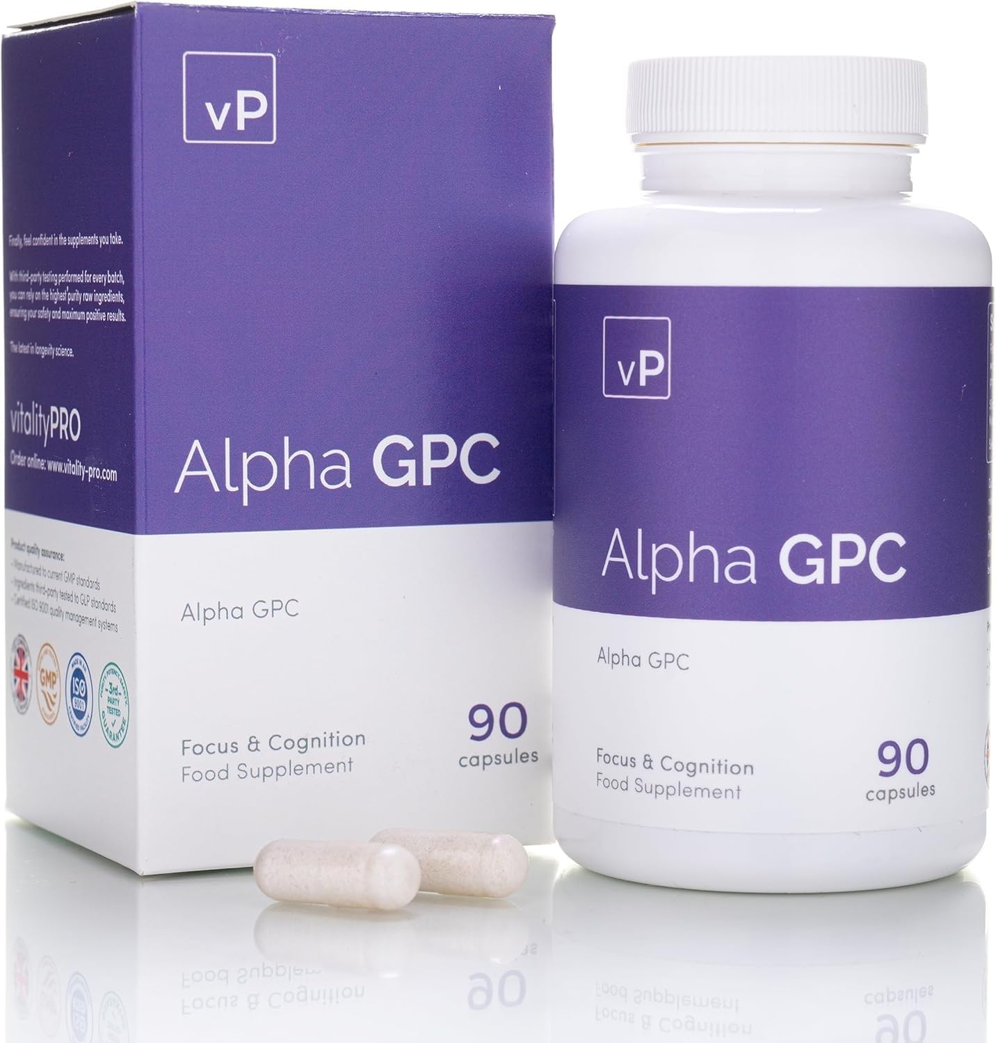 vP Vitality Pro Alpha GPC 300mg x 90 Capsules - Over 99% Purity and 40% Choline Third Party Tested - L-Alpha-Glycerylphosphorylcholine Supplement - Vitality Pro