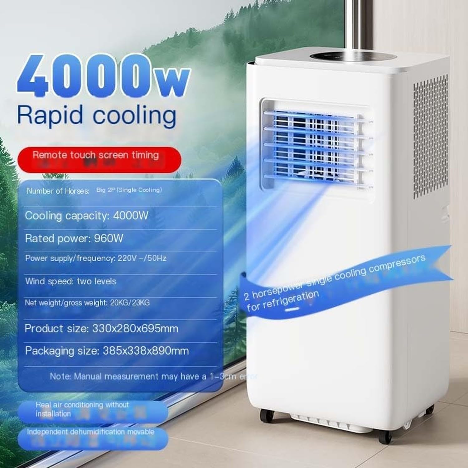 Tragbare Klimaanlage 14000 BTU, Fernbedienung, 24h Timer, Fensterset, kühlt bis 28 m², Oszillationsfunktion, 2 Geschwindigkeitsstufen für zu Hause & Büro, 14000 BTU, 14000 BTU