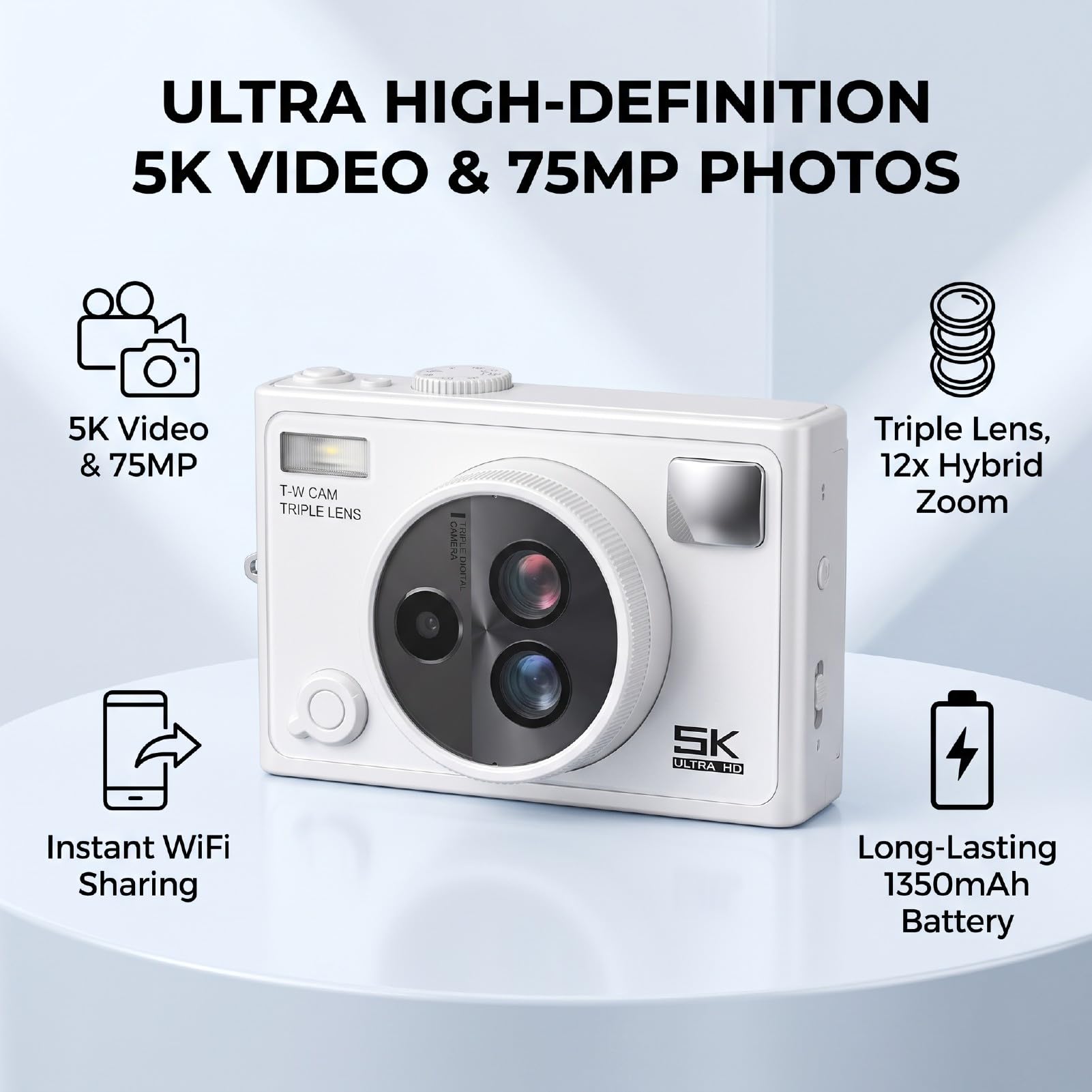 PUSOKEI Fotocamera Digitale 5K da 75 MP, Zoom a 3 Obiettivi | Supporta connettività WiFi, zoom ottico 4x e zoom digitale 3x, schermo LCS da 2,8 pollici, supporta schede di memoria fino
