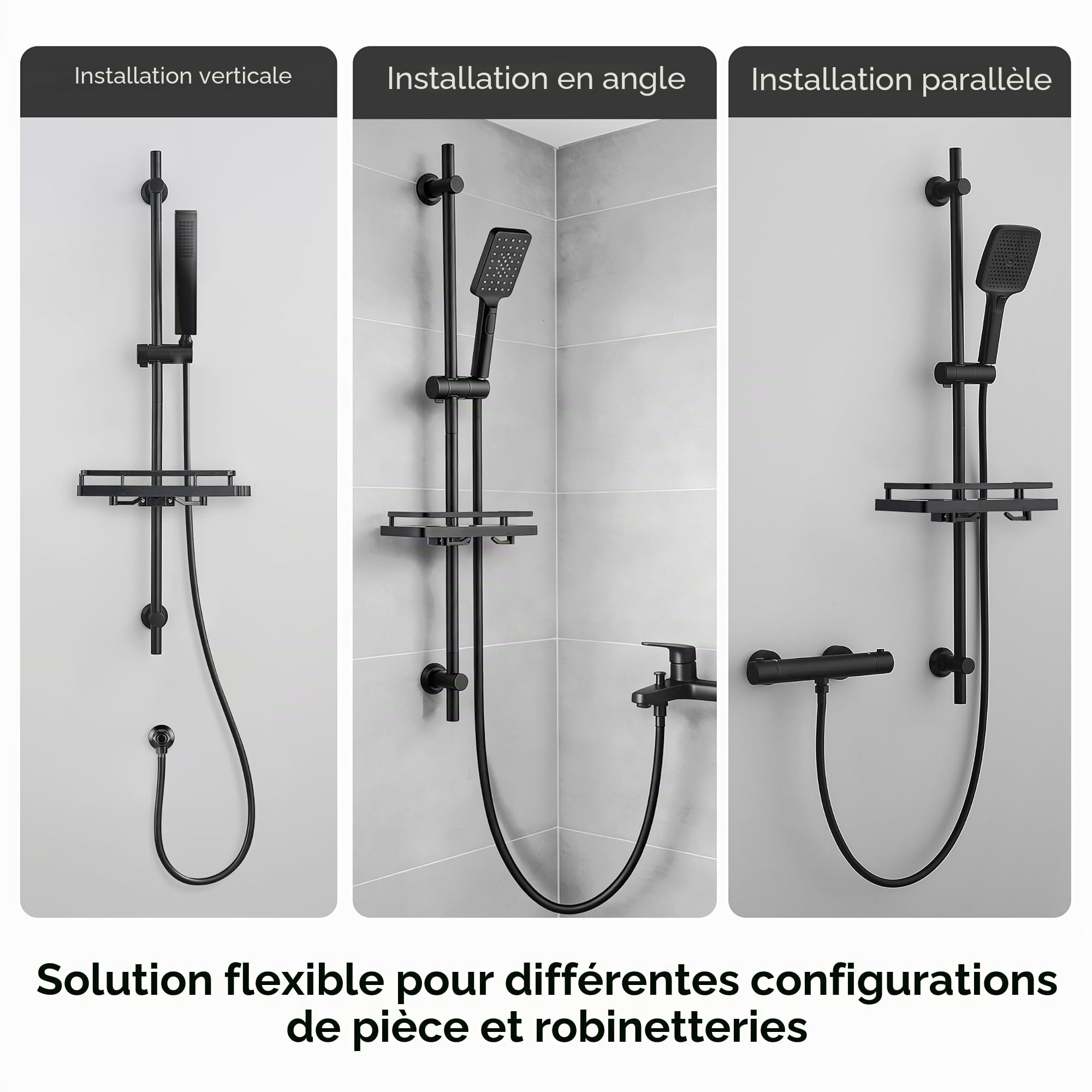 JOHO Barre de douche en acier inoxydable avec support de douchette et fixations murales réglable compatible trous existants, colonne de douche 70 cm avec étagère noir
