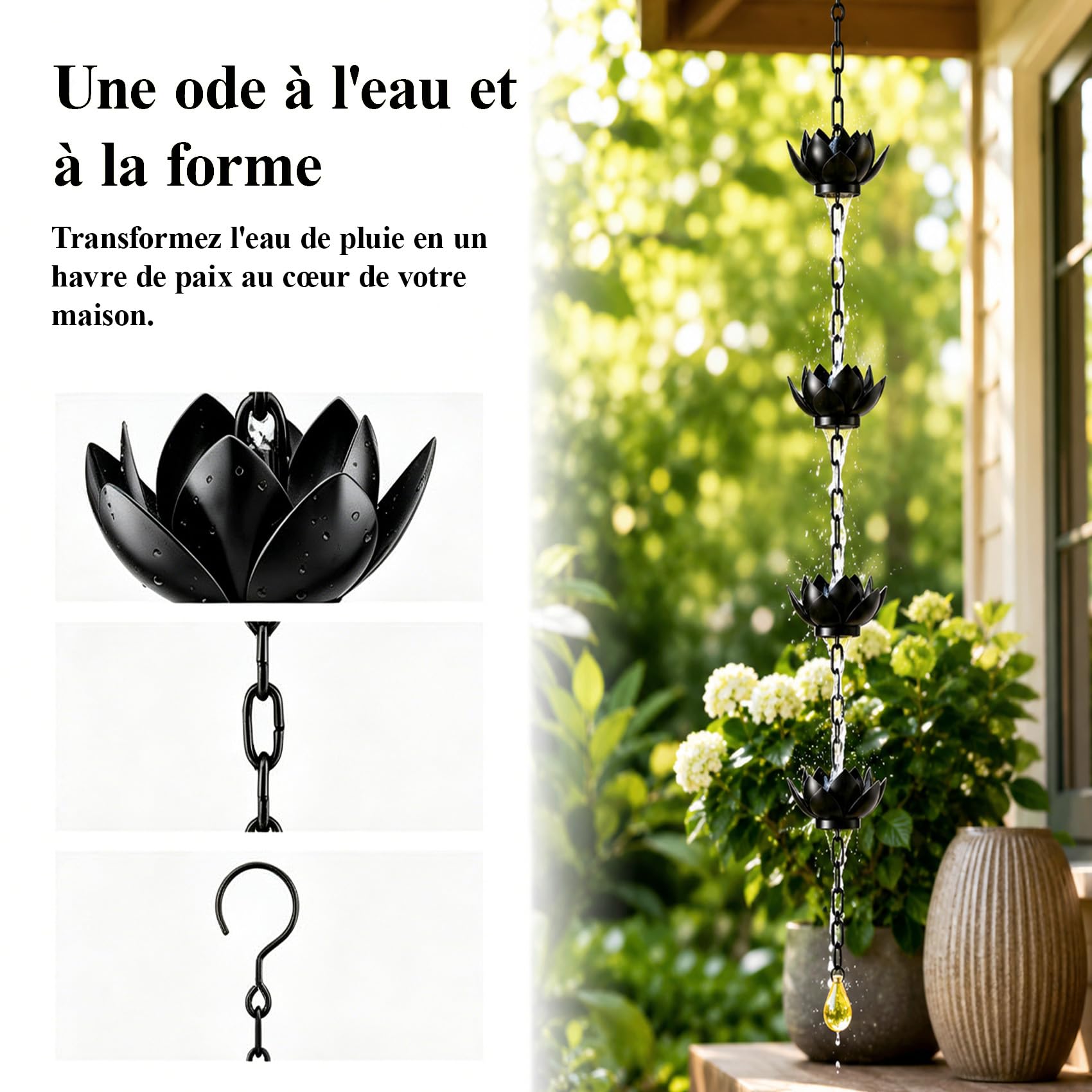 Chaîne de Pluie Lotus, déco extérieure élégante, métal Anti-Rouille résistant aux intempéries, remplace Tuyau de Descente, Montage sans Outil pour Jardin, terrasse, Cour et façade de Maison