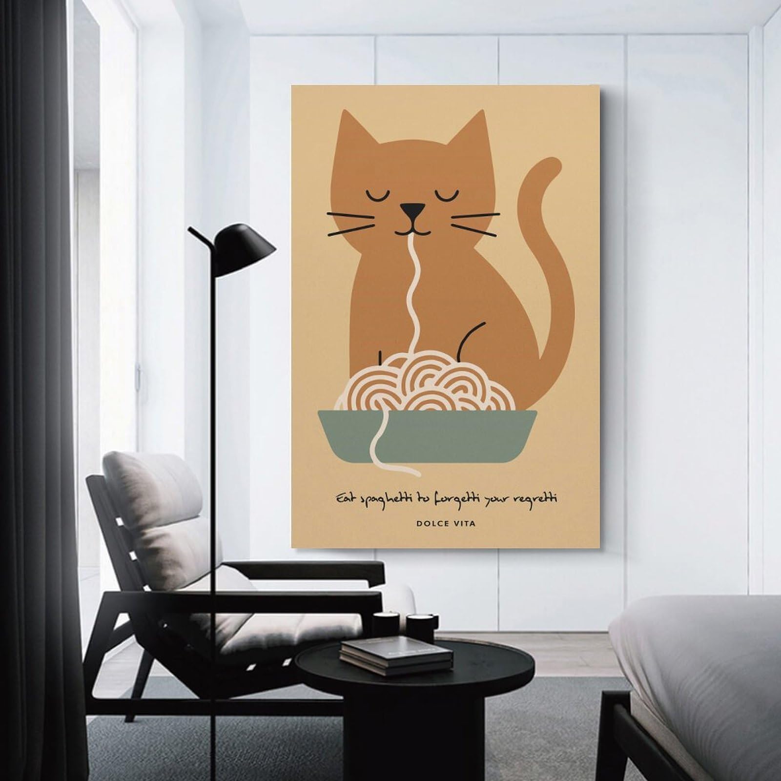 Junmoney Cat Eating Spaghetti Illustration Decorative Canvas Print 12x18inch(30x45cm), for Gallery Wall Layouts in Home Or Office, Home Wall Art for Statement Displays