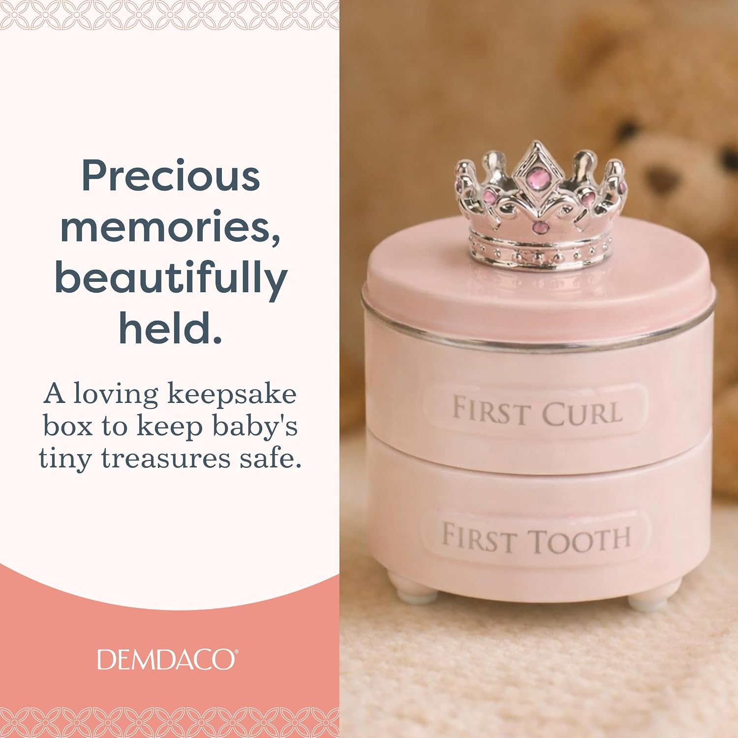 DEMDACO Pink Princess Crown First Tooth and Curl Keepsake Box, Ceramic image 2