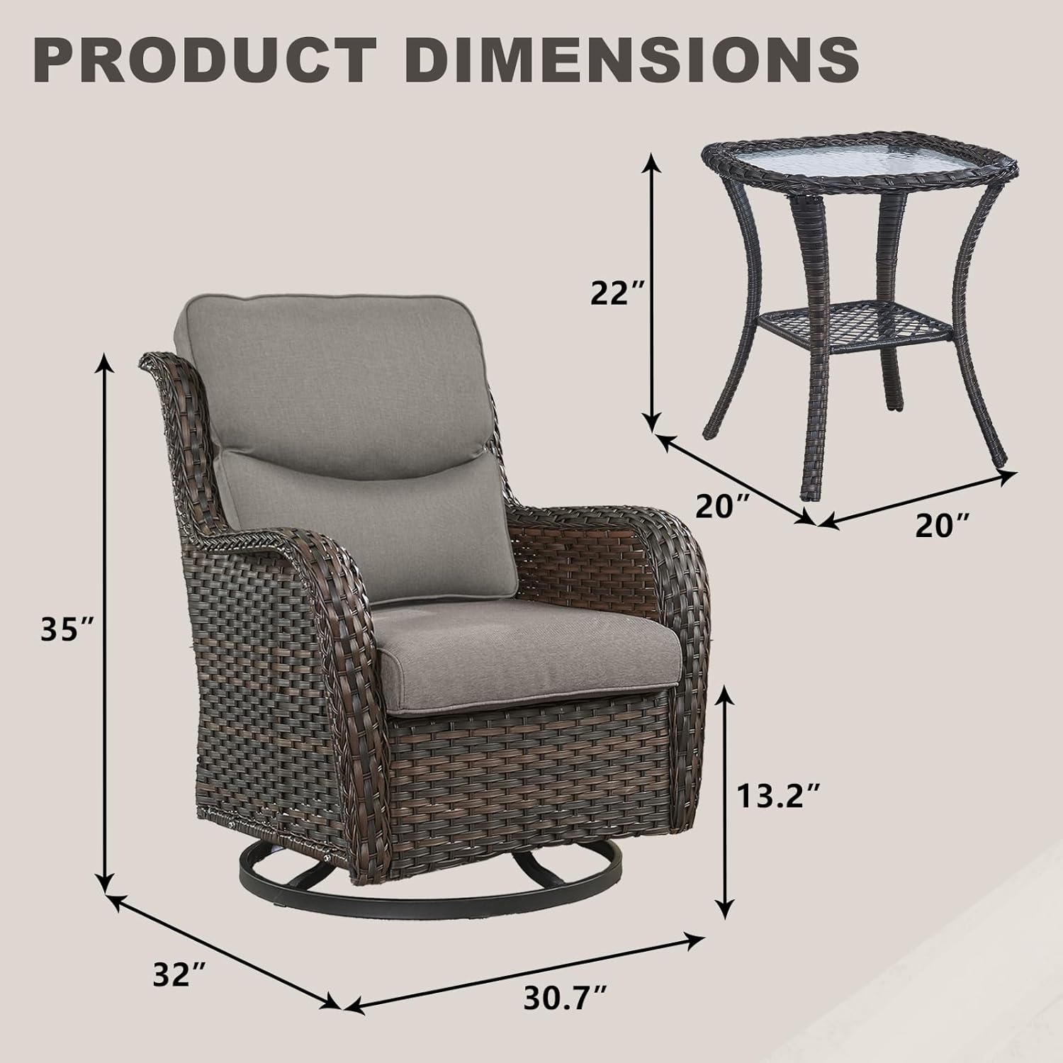 Rilyson Wicker Rocking Chair Swivel Chairs - 3 PC Rocker Patio Furniture Set Rattan Rocking Bistro Sets with Glass Top Side Table for Outdoor Porch Deck Garden Backyard (Brown/Grey/Smile)