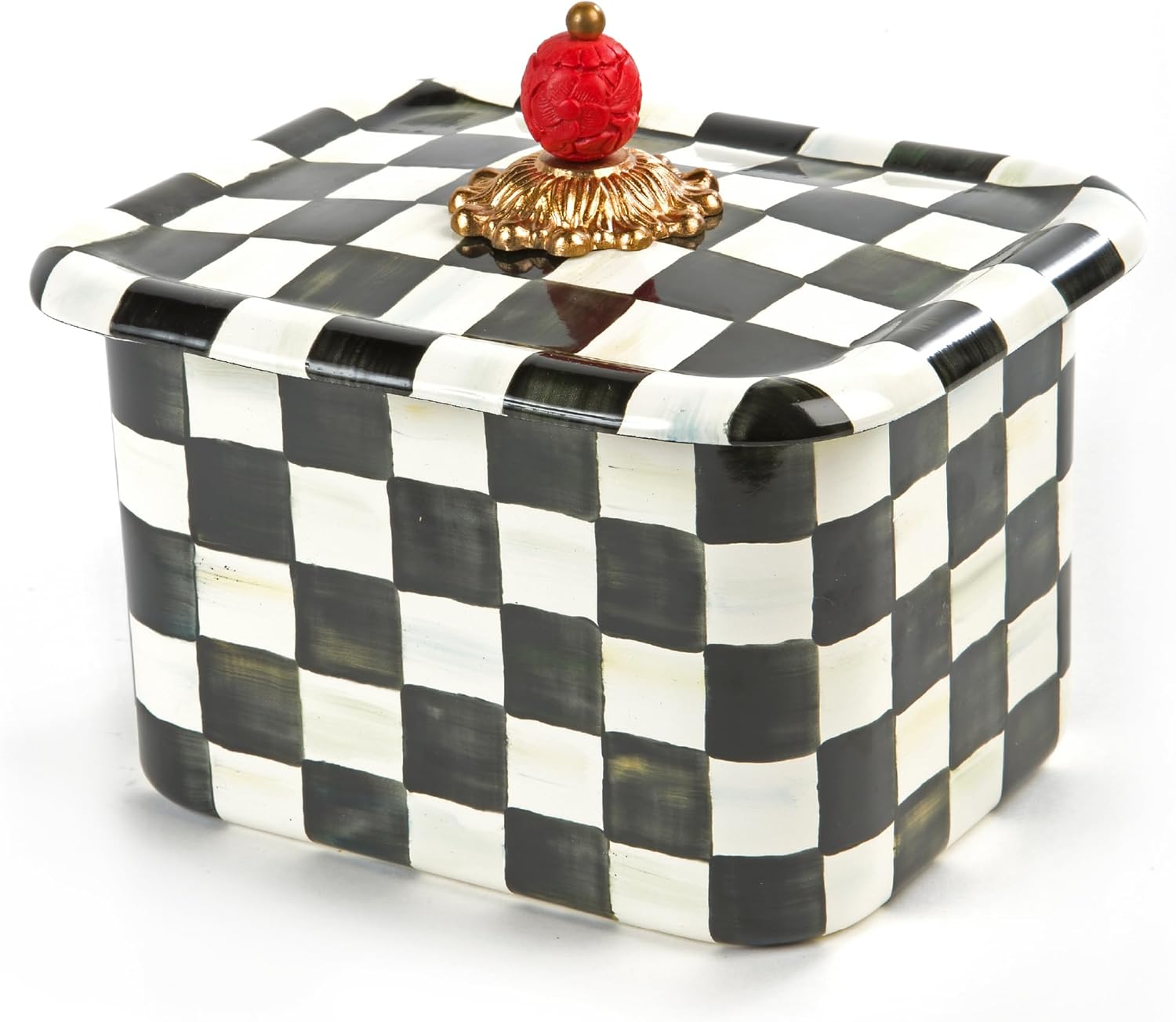 MACKENZIE-CHILDS Enamel Recipe Box, Index Card Box with Lid, Includes 40 Recipe Cards, Black-and-White Courtly Check