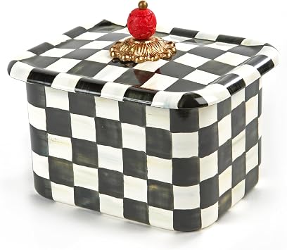 MACKENZIE-CHILDS Enamel Recipe Box, Black-and-White Courtly Check | Decorative enamel index card box with lid for kitchen decor, includes 40 recipe cards and 5 dividers, 8" W x 6.5" L x 7.5" H