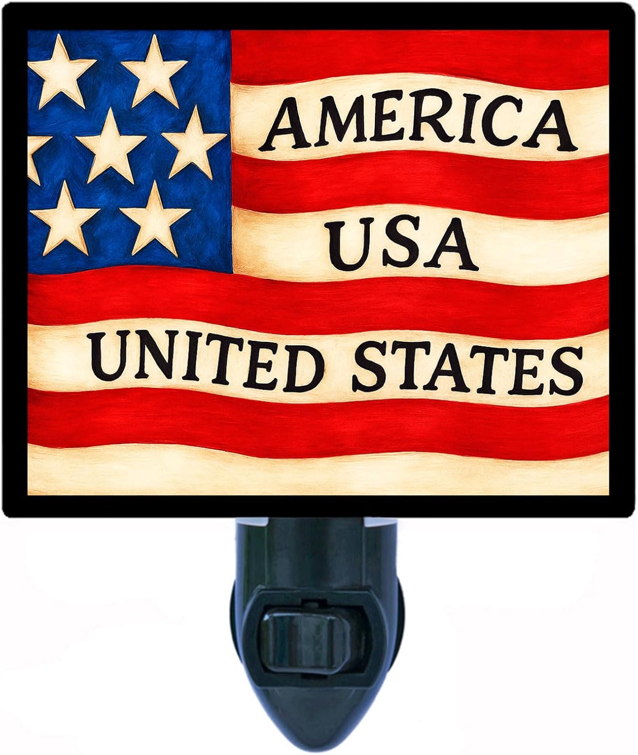 Folk Flag Night Light – Patriotic and America Design, Fully Enclosed, Rotating Plug, Glass Front, 4 Watt Bulb