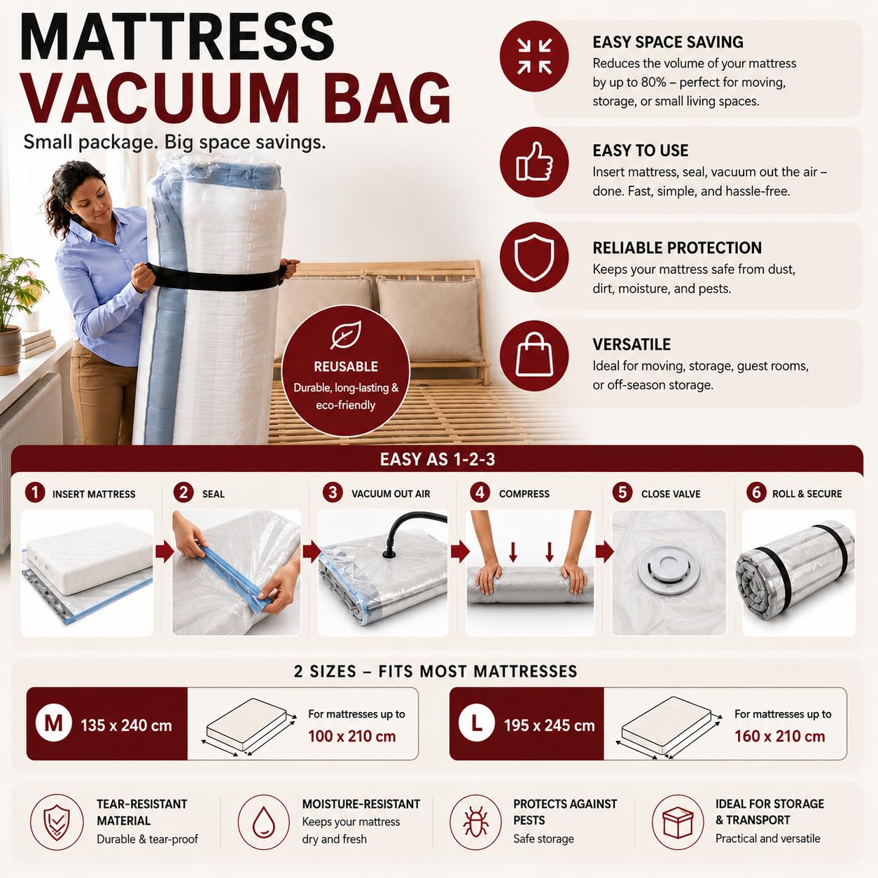 Sac de rangement sous vide 200 x 250 cm pour matelas double / king size, compression et rangement, déménagement, retour de matelas, imperméable, scellable, réutilisable, peu encombrant