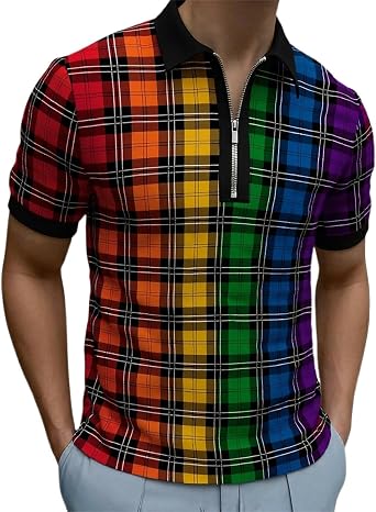 Gay Pride Shirt for Mens Collared Zipper Polo Shirt Short Sleeve Rainbow Print Summer Tee Tops Festival Outfits