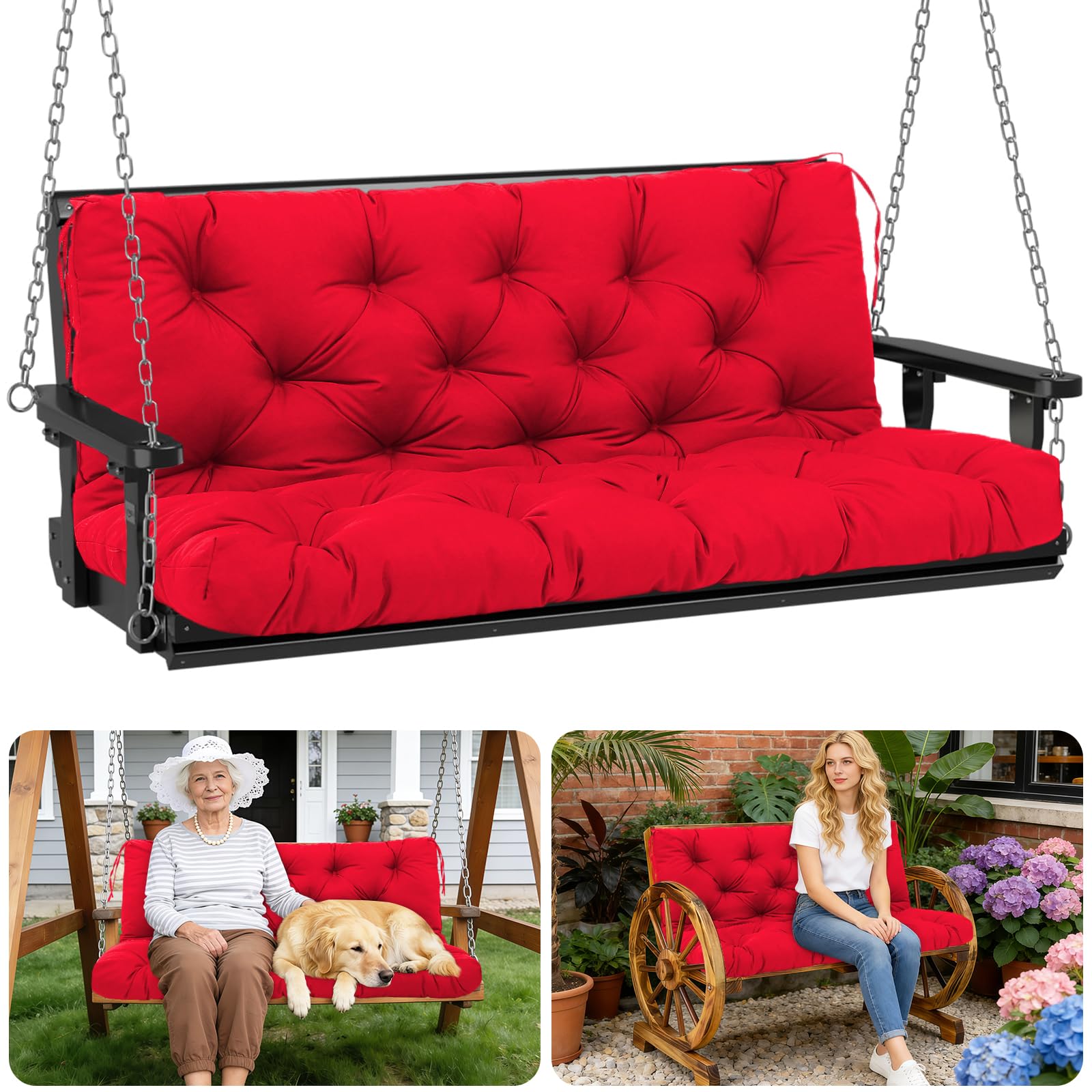Porch Swing Cushions Outdoor 70 inch x 40 Waterproof Swing Cushions 3 Seater Replacement with Backrest &amp; 8 Ties 5" Thick Bench Swing Cushions for Outdoor Furniture Patio(Red)