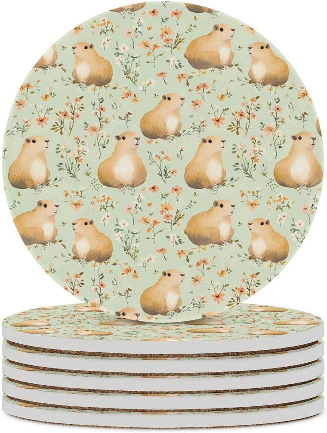 Cute Capybara Flowers Funny Round Ceramic Coasters for Drink Absorbent Cup Holders Tabletop Protection