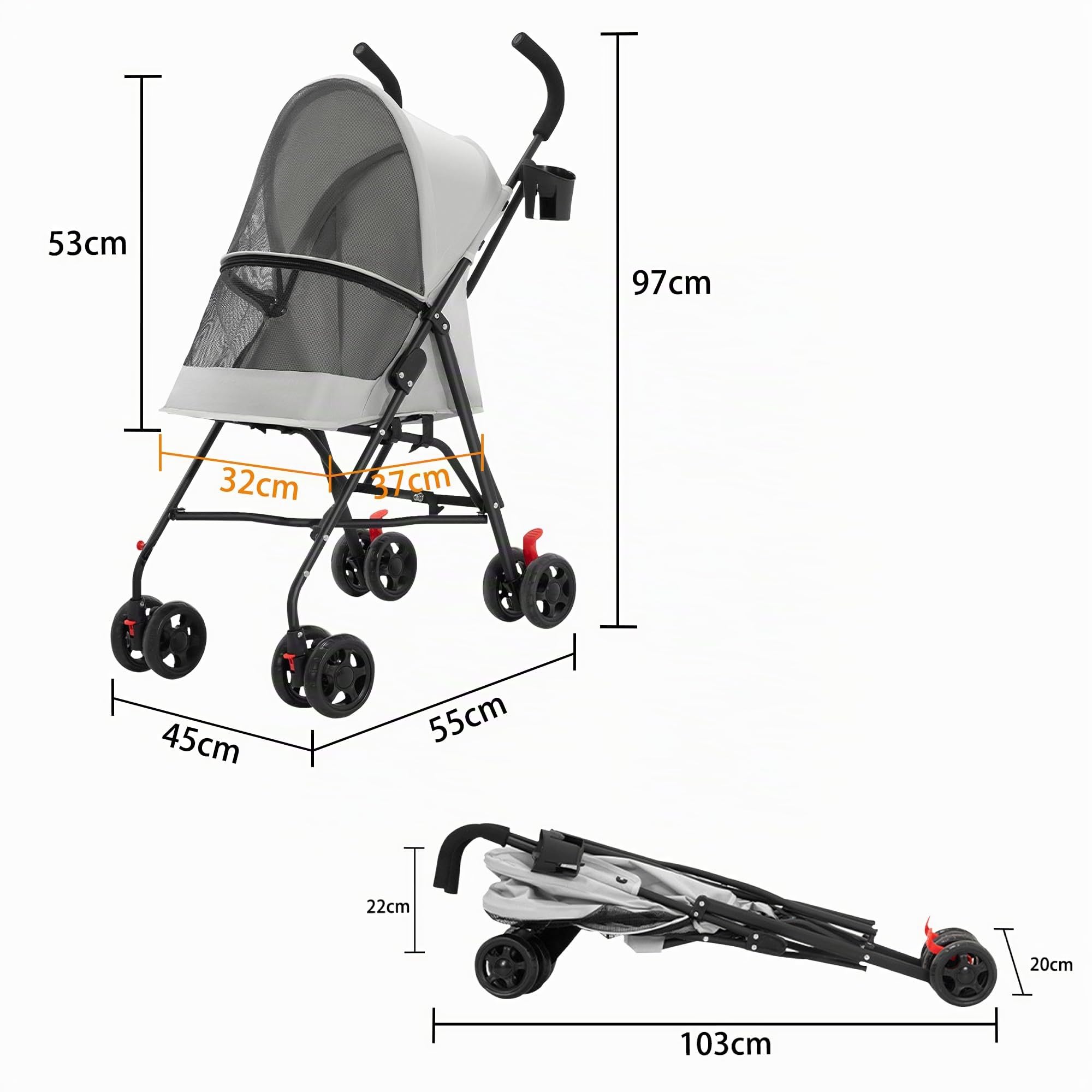 Poussette Animaux de Compagnie avec Porte-gobelet, Voyages Transporteur pour Petits Chien Chat, Pliable Portable Landau pour Animaux, Jusqu'à 15 kg (Gris)
