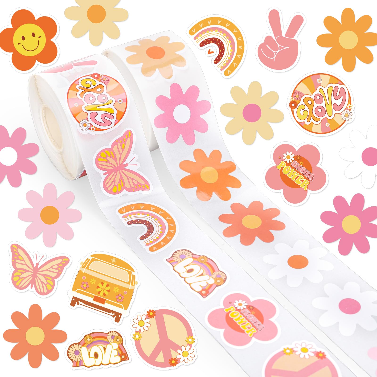 FYSUIMU 1000 Pcs Groovy Hippie Stickers Roll Boho Retro Daisy Flower Self-Adhesive Sticker Decals for Scrapbook Journal Decor 60s 70s Birthday Holiday