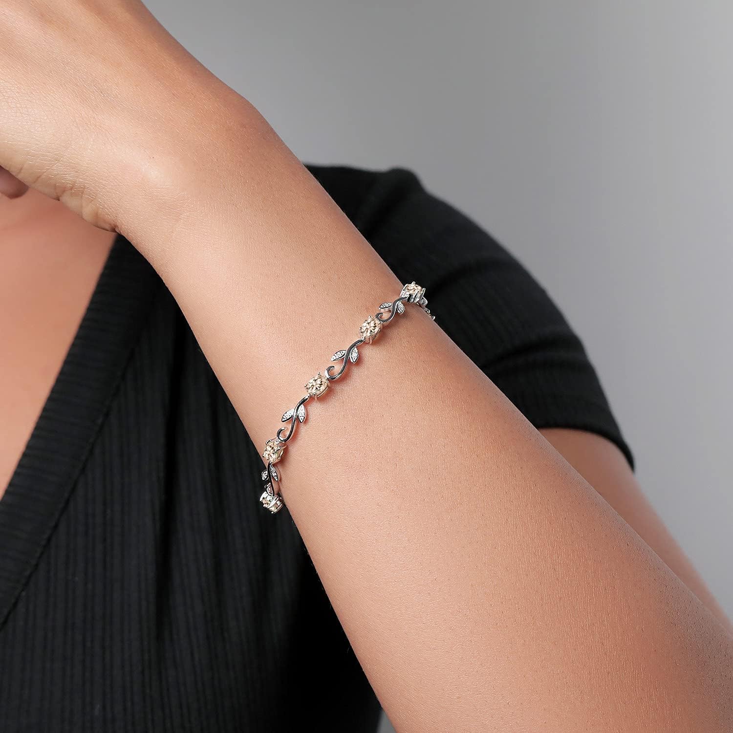 Gem Stone King 4.09 Cttw Peach Morganite and Diamond Greek Vine Tennis Bracelet For Women | 925 Sterling Silver | Oval 6X4MM | 7 Inch | Fine Jewelry Gifts for Her Mom Women Wife