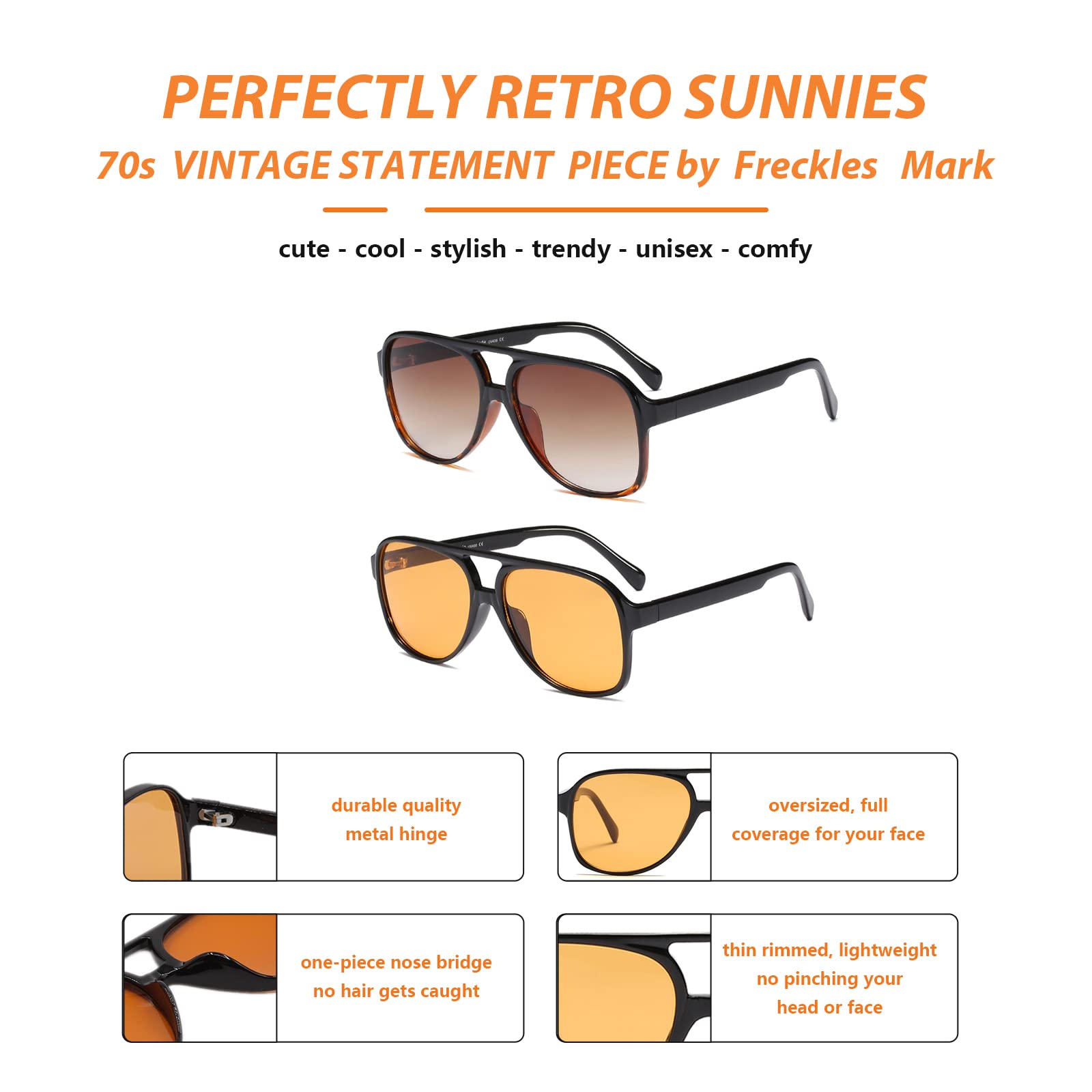 Vintage Retro 70er Jahre Sonnenbrille für Damen, klassischer quadratischer Fliegerrahmen, groß, Schildkröte gelb und braun