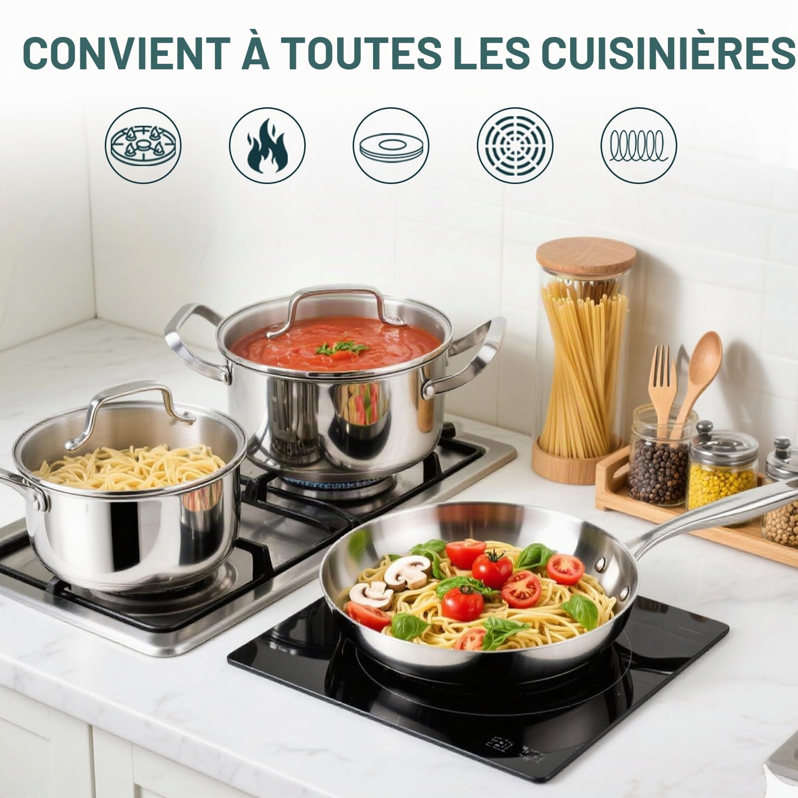 Batterie de Cuisine - 21 pièces Casseroles et Poêles en Acier Inoxydable, Poêle 30 CM, Sauteuse 18 CM, Casseroles 18/20/22/26 CM – Tous feux compatibles