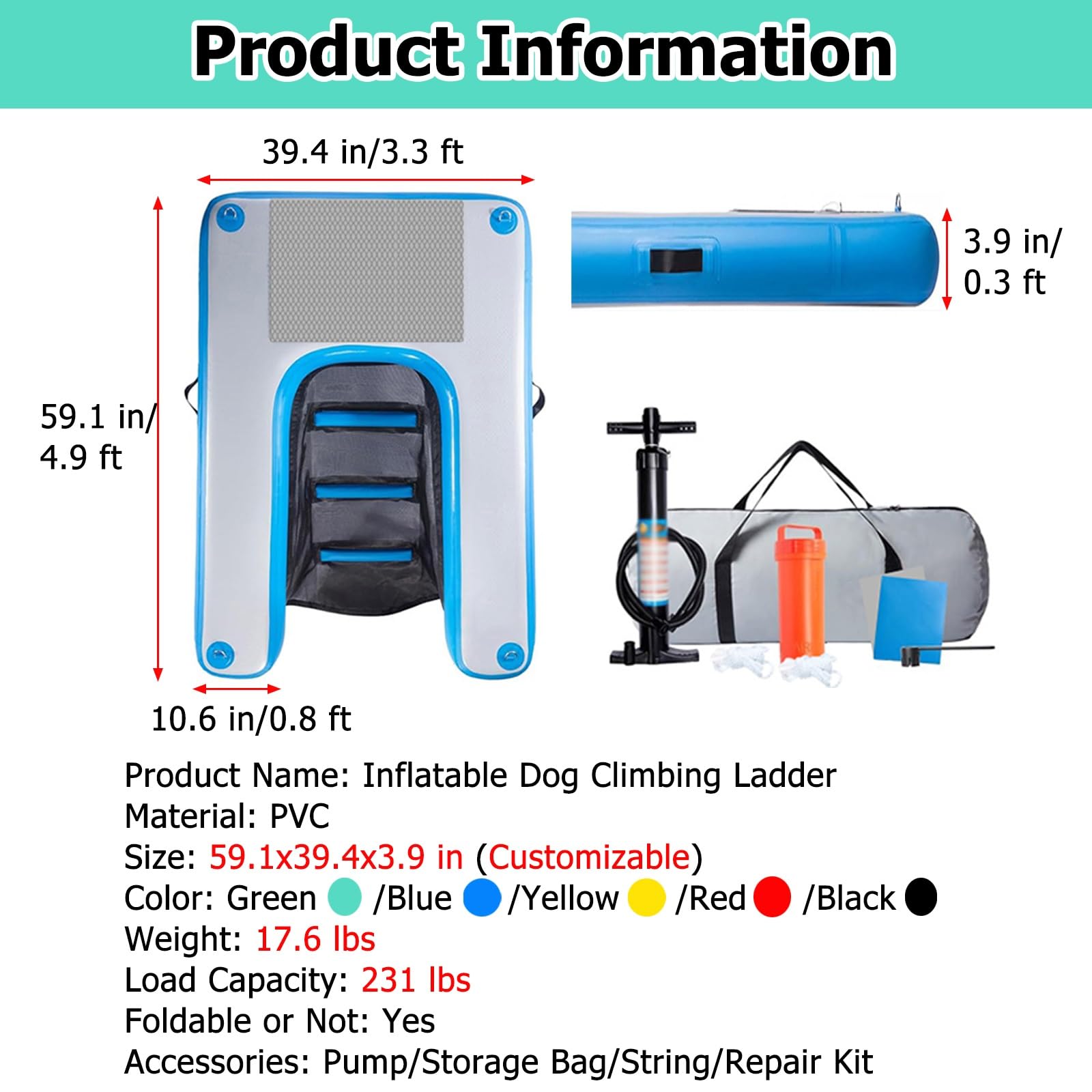 MZZKFC Lightweight Dog Dock Ramp, 39in Wide Inflatable Floating Large Dog Water Ramp Ladder for Pools, Reusable Dog Dock Platform with Pump/Rope/Repair Kit?Anti Slip(Black)