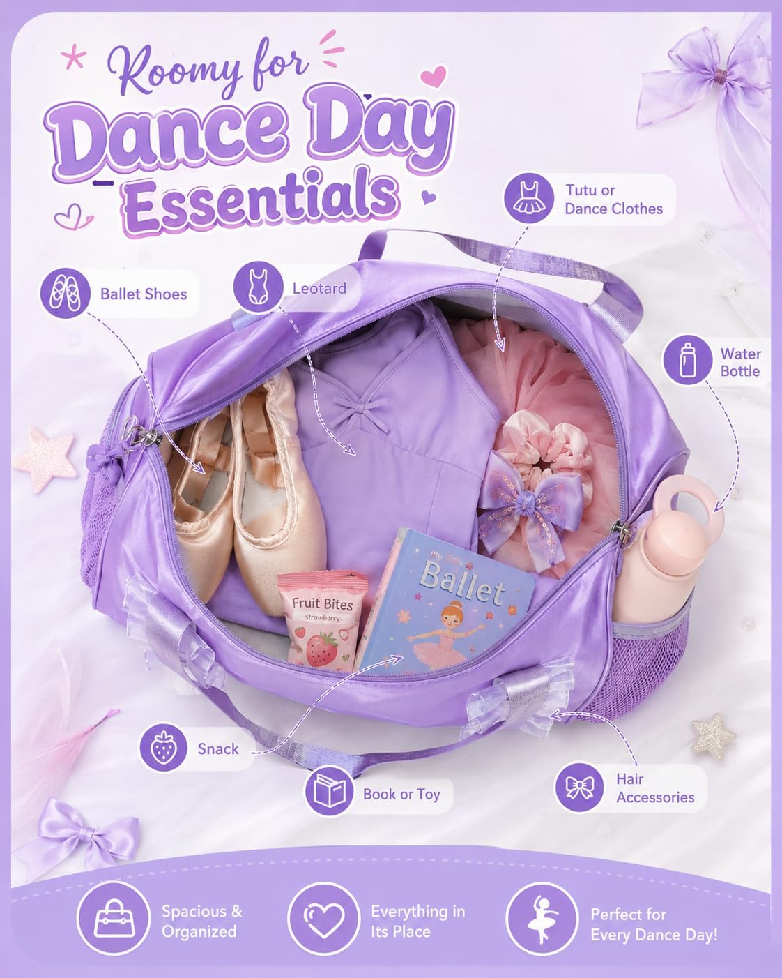 CAMTOP Girls Dance Duffle Bag with Shoe Compartment, Ballet Gymnastics Bag for Girls 4-6, Toddler Travel Overnight Sports Bag with Strap, Cute Ballerina Gift (Purple)
