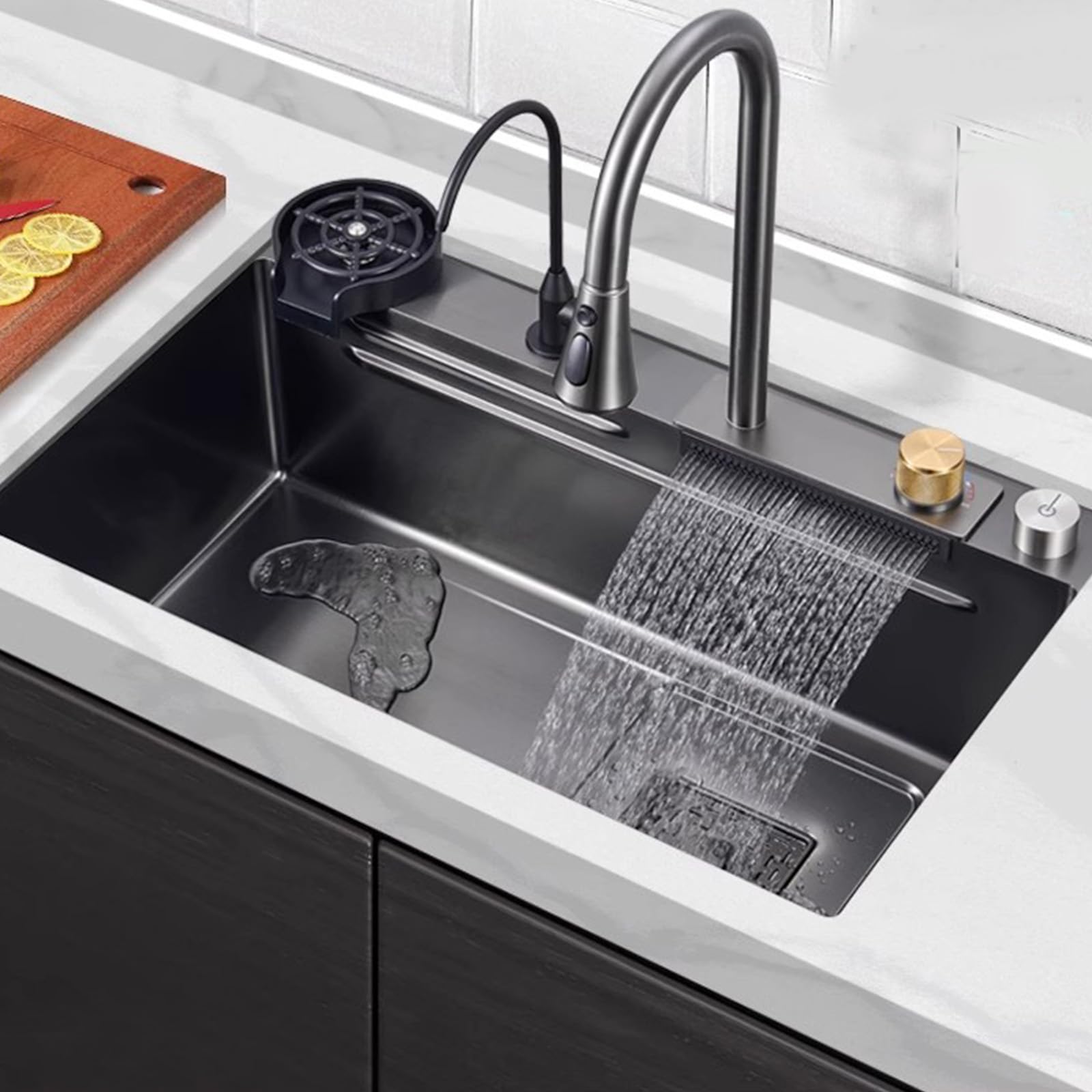Juego de fregadero de cocina de acero inoxidable negro con diseño de cascada Fau con accesorios incluidos para una fácil instalación en la actualización moderna del hogar
